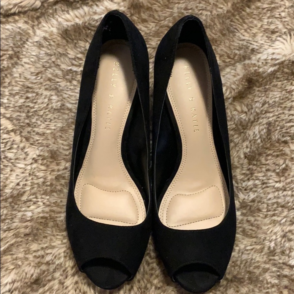 Kelly & Katie Black Suede Open Toe Block Heel
